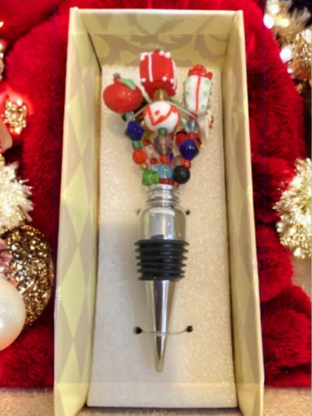 WINE STOPPER -- Christmas Theme w/Gifts & Ornaments, Handpainted, New in the Box
